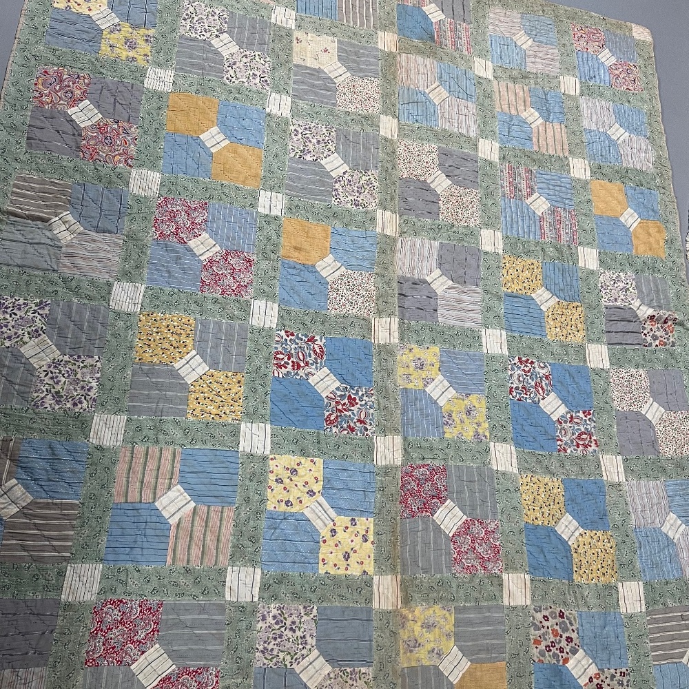 Antique gorgeous green multi color quilt, vintage fabrics for cutter quilt